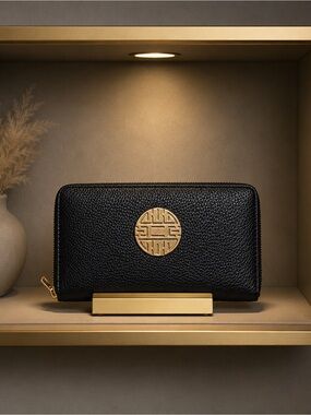 Rebecca & Rifka Black Pebbled Vegan Leather Zip Around Wallet Gold Medallion